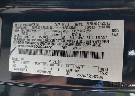 2013 Ford Escape Se from USA, damaged, VIN 1FMCU0GX6DUC24372